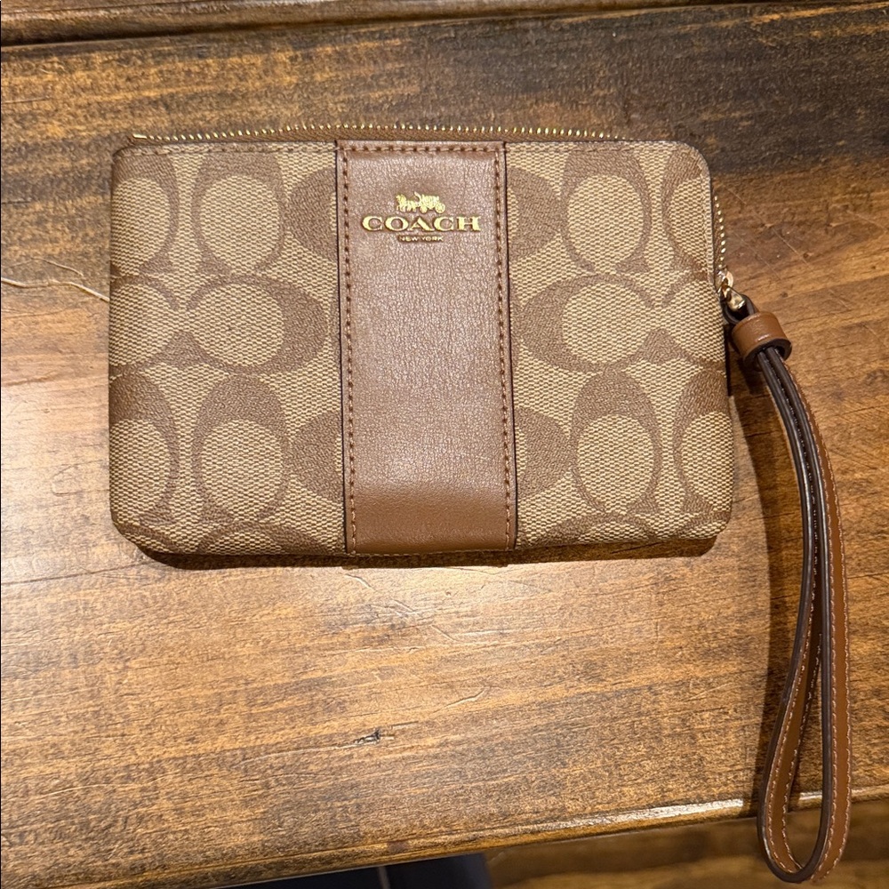 Coach Signature Tan and Brown Wristlet